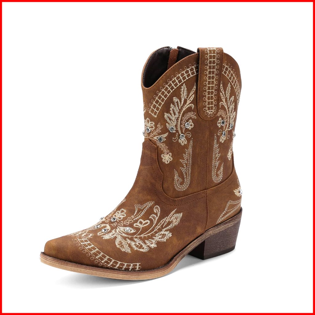 Rhinestone Embroidered Ankle Cowboy Boots Low Heel Side Zipper Pull On